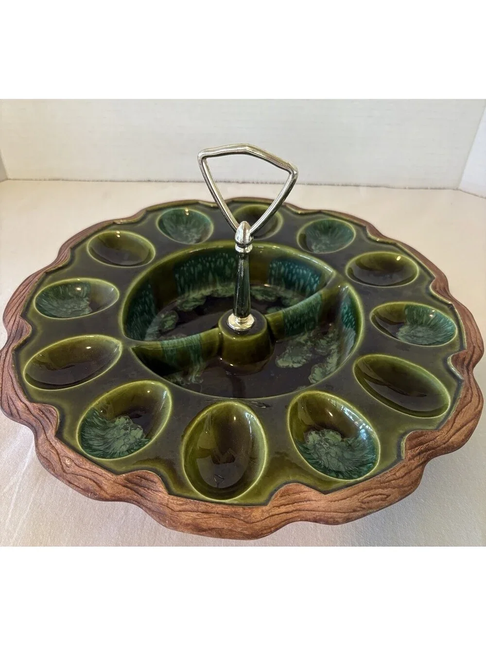 Treasure Craft Ceramic Deviled Egg Relish Tray Green Drip Faux Wood
